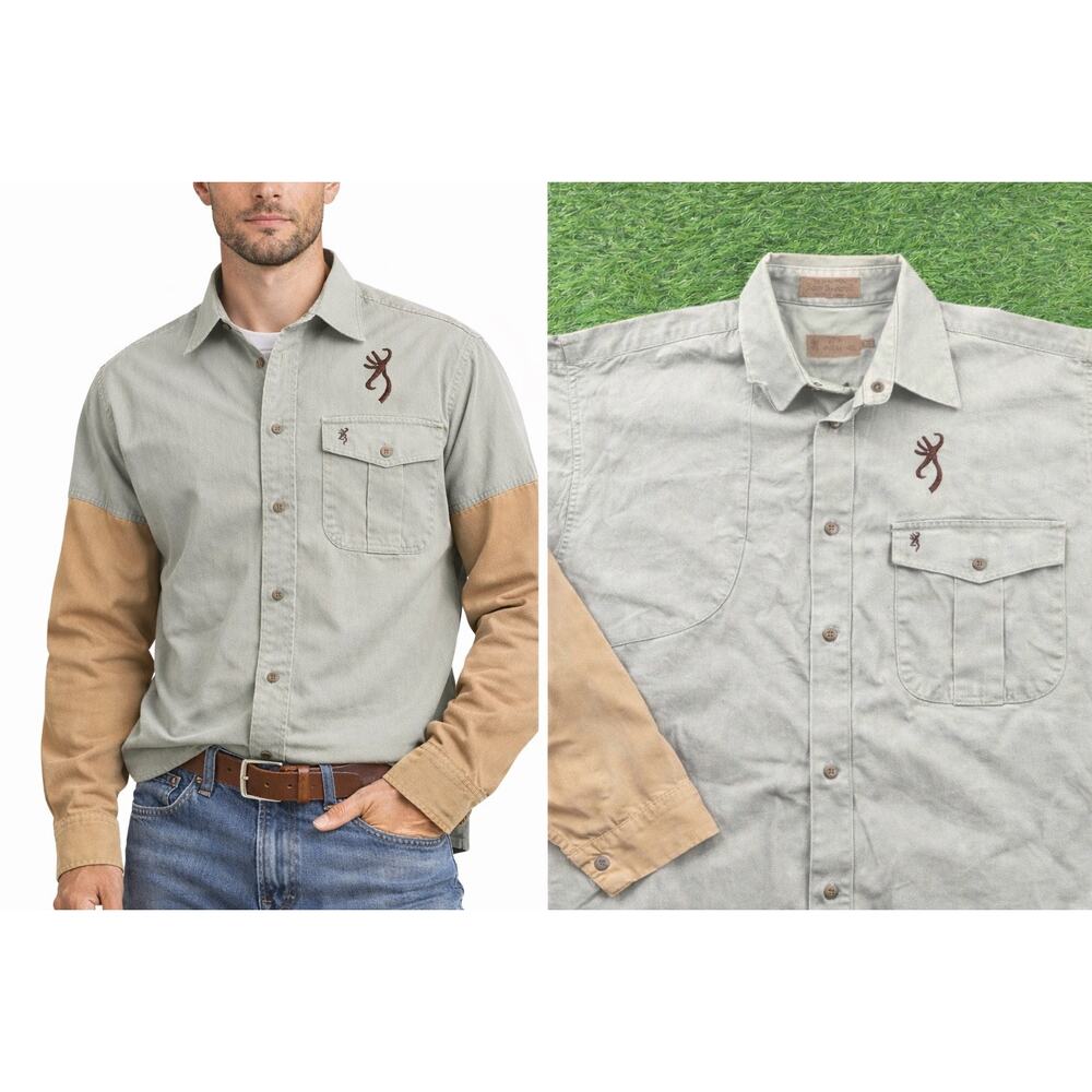 Vtg Browning Super Naturals Hunting Shooting Shirt Mens XL Khaki Green Canvas